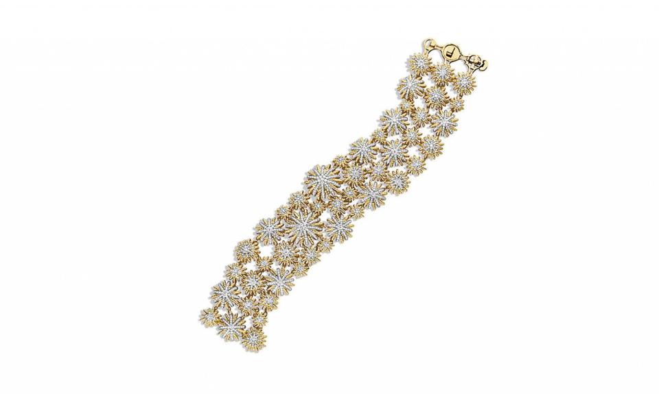 <p>Starburst Mosaic Bracelet with Diamonds in 18K Gold, $29,000, visit <a rel="nofollow noopener" href="http://www.davidyurman.com/products/women/dy-shops/extravagant-designs/starburst-mosaic-bracelet-with-diamonds-in-18k-gold-b12022d88.html" target="_blank" data-ylk="slk:davidyurman.com;elm:context_link;itc:0;sec:content-canvas" class="link ">davidyurman.com</a> or call +1 888.398.7626 for more information </p>