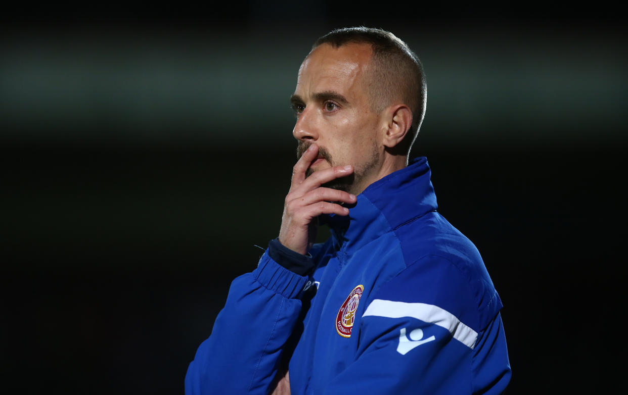 STEVENAGE, ENGLAND - SEPTEMBER 17: Stevenage manager Mark Sampson looks on during the Sky Bet League Two match between Stevenage and Northampton Town at The Lamex Stadium on September 17, 2019 in Stevenage, England. (Photo by Pete Norton/Getty Images)