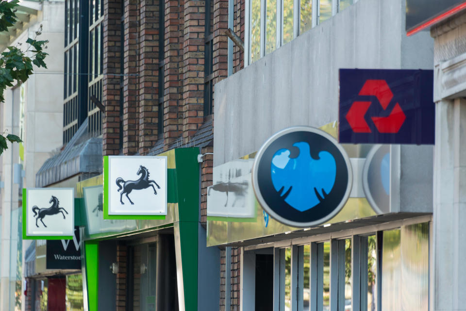 Row of retail banks, High Street, Staines-upon-Thames, Surrey, England, United Kingdom