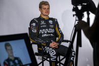 IndyCar driver Marcus Ericsson, of Sweden, is interviewed during IndyCar auto racing media day, Monday, Feb. 11, 2019, in Austin, Texas. (AP Photo/Stephen Spillman)