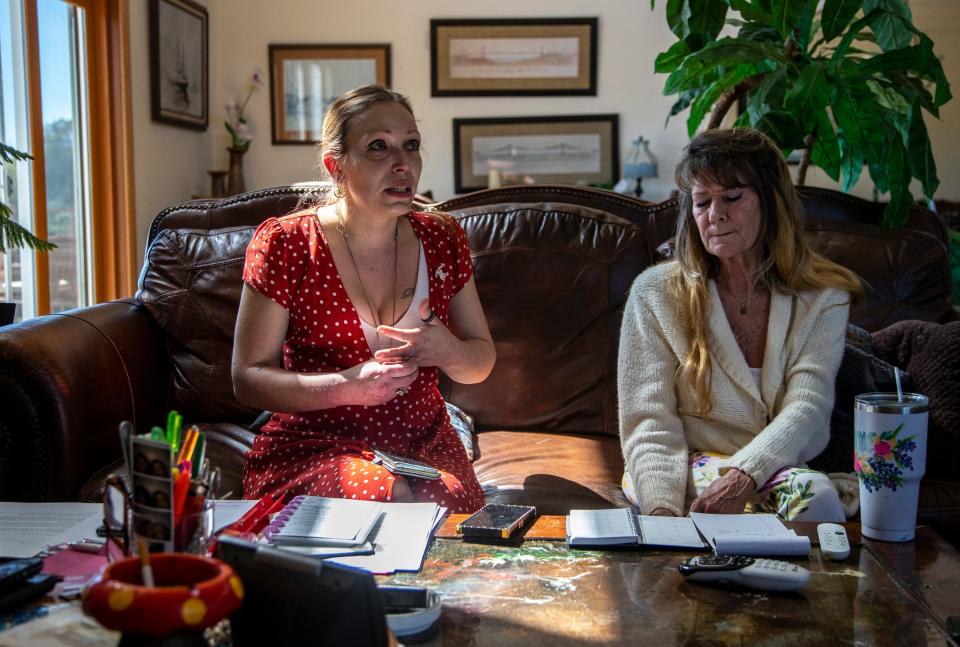 Sean Harris' fiancée, Dana Martin, left, and his mother, Suzanne Baer, talk about their efforts to find him. Martin and Baer spoke during an interview at Baer's home in Fallbrook.