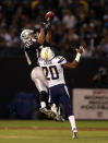 Antoine Cason #20 of the San Diego Chargers breaks up a pass intended for Rod Streater #80 of the Oakland Raiders during their season opener at Oakland-Alameda County Coliseum on September 10, 2012 in Oakland, California. (Photo by Ezra Shaw/Getty Images)