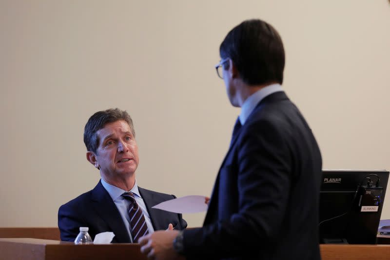 Alex Gorsky, chairman and CEO of Johnson & Johnson, takes the stand as he is questioned by the plaintiff's lawyer Chris Panatier, in New Jersey Supreme Court in New Brunswick