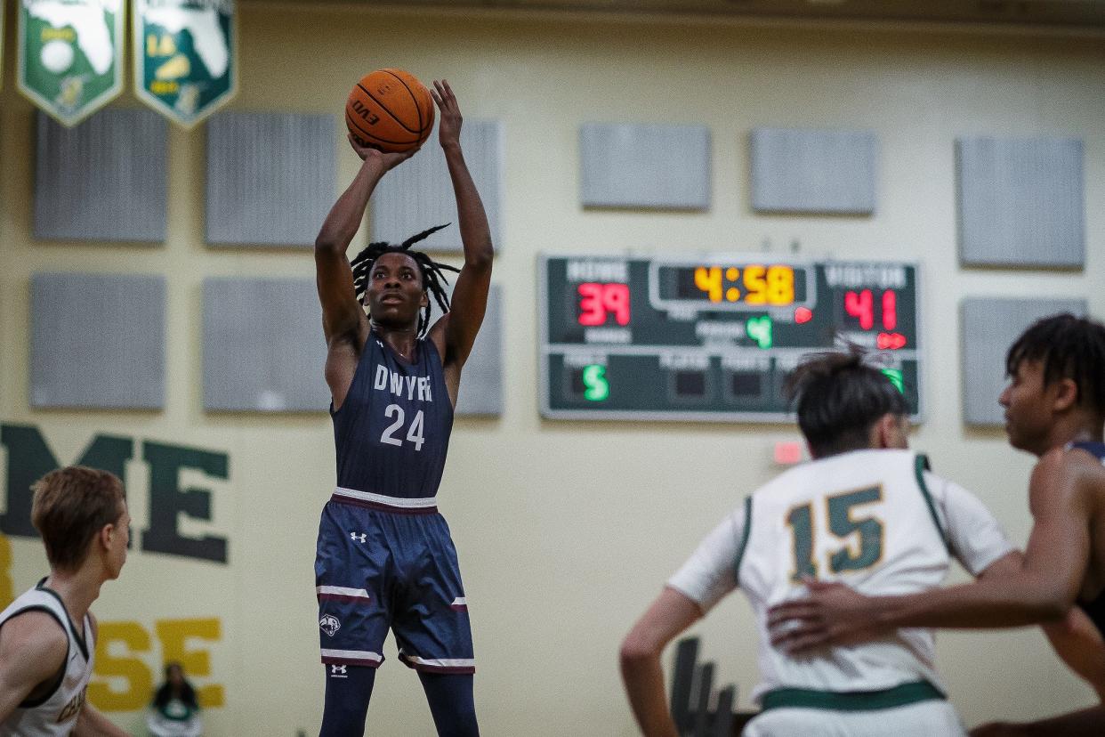 Dwyer's Jaelen Nelson shoots against Suncoast in a basketball game on Jan. 25, 2023 in Riviera Beach.