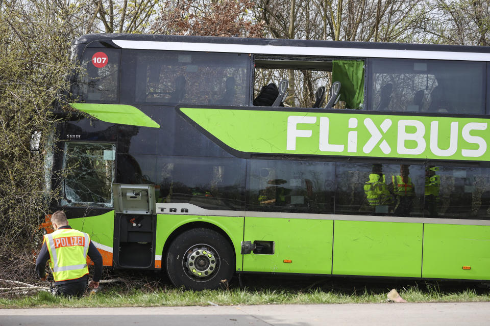 A view of the bus at the scene of the accident on the A9, near Schkeuditz, Germany, Wednesday March 27. 2024. (Jan Woitas/dpa via AP)