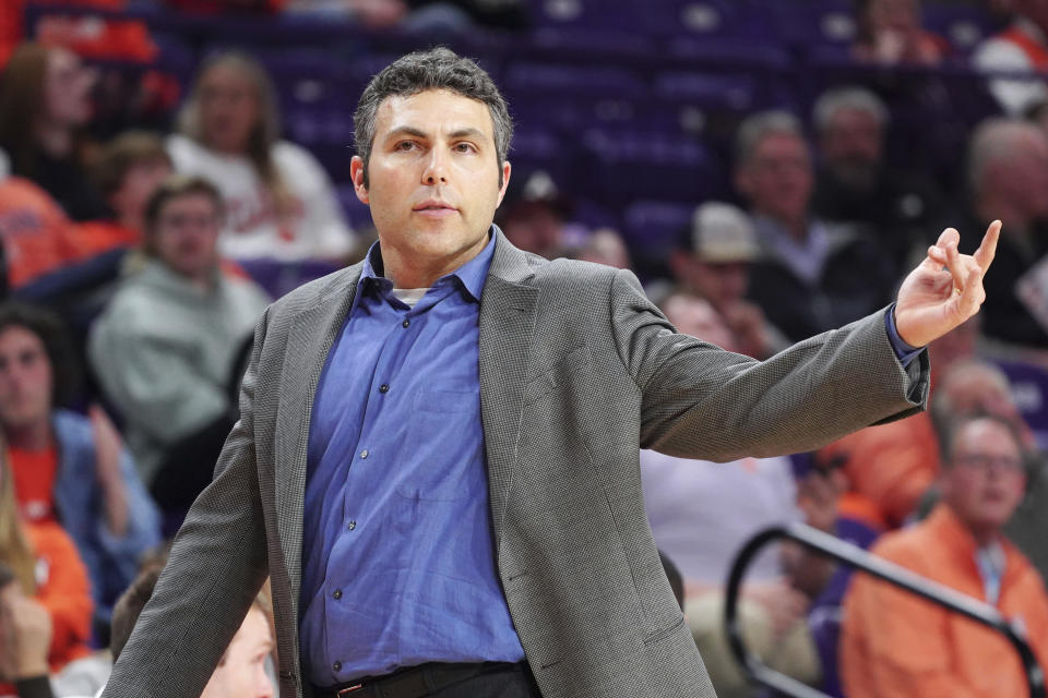FILE - Georgia Tech head coach Josh Pastner communicates with players during the second half of an NCAA college basketball game against Clemson Tuesday, Jan. 24, 2023, in Clemson, S.C. Pastner was fired Friday, March 10, 2023, as Georgia Tech's basketball coach, two seasons after he guided the Yellow Jackets to a surprising Atlantic Coast Conference tournament title. (AP Photo/Sean Rayford, File0