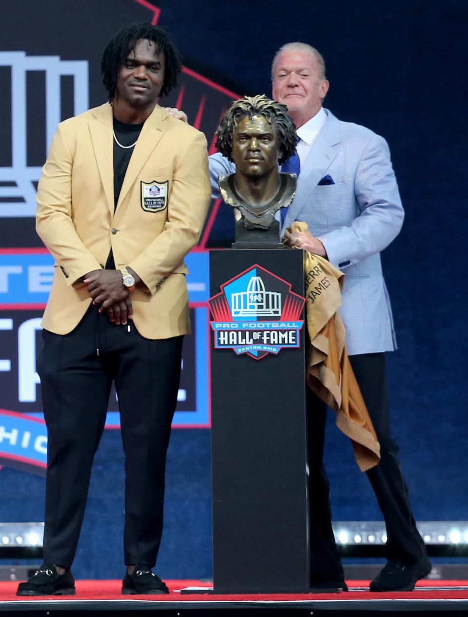 Edgerrin James was enshrined in the Pro Football Hall of Fame on Saturday,August 7, 2021. James was presented by Colts owner Jim Irsay .