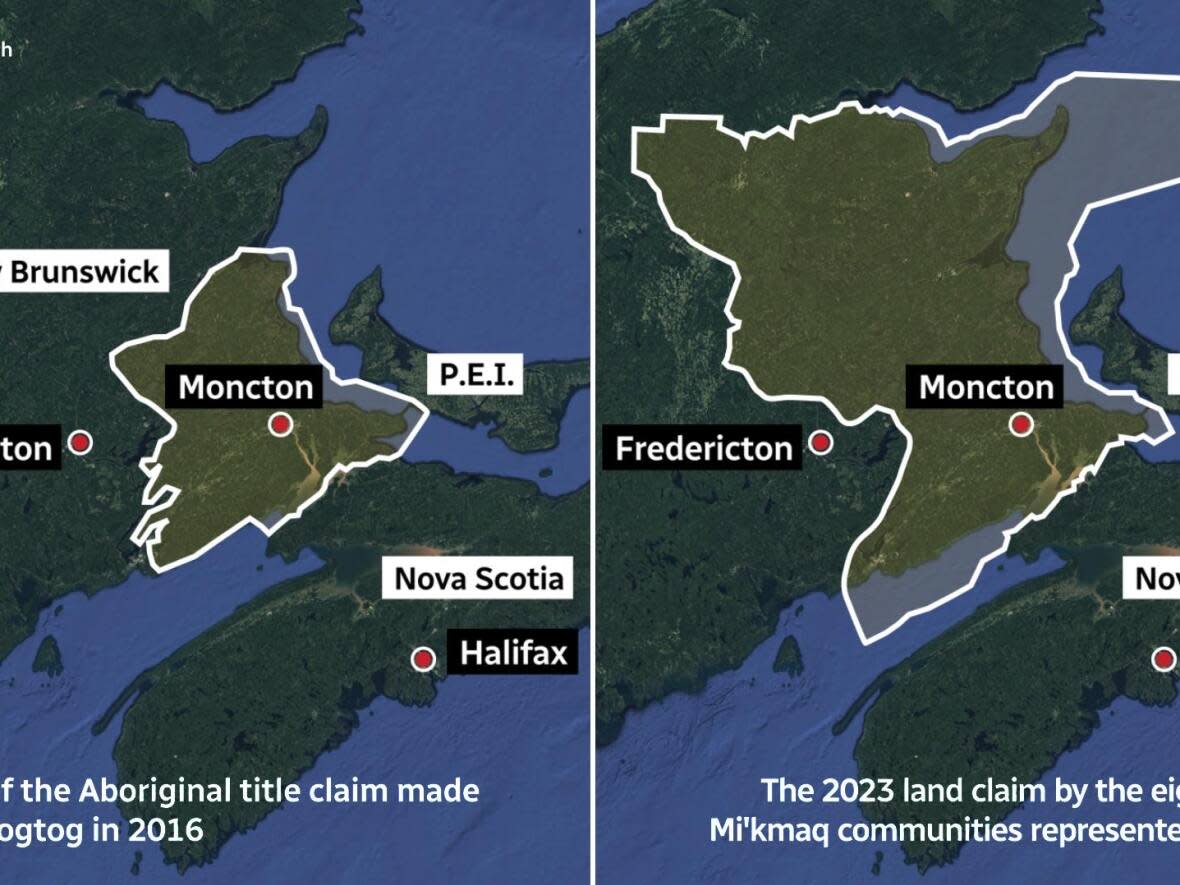 The map on the left shows the Aboriginal title claim made by Elsipogtog in 2016, while the one on the right shows the claim made by the other eight Mi'kmaq communities represented by MTI.  (CBC - image credit)