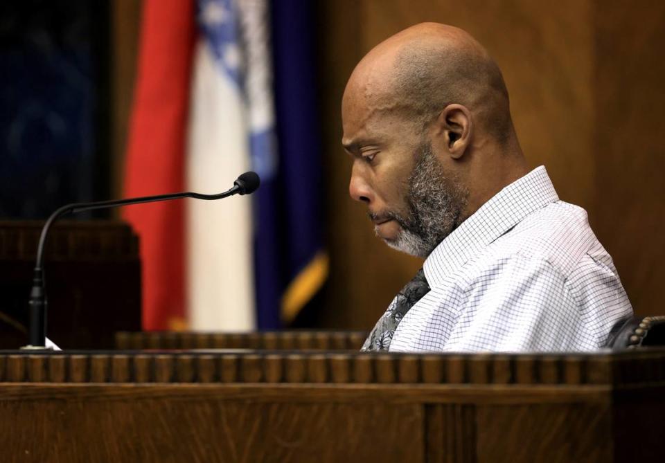 Lamar Johnson chokes up as he testifies on the stand during the fourth day of his wrongful conviction hearing in St. Louis, Thursday, Dec. 15, 2022. (David Carson/St. Louis Post-Dispatch via AP, Pool)
