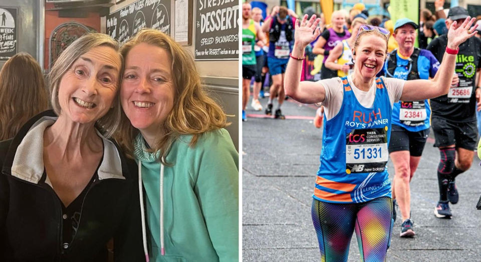 Ruth Chappell running the London Marathon last year and left, pictured with her beloved mum June Simms. (Supplied)