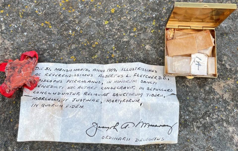 A note inside a box of relics stolen from Subiaco Abbey has been recovered and a man arrested in connection with desecration of the altar after a break-in at the abbey east of Paris in Logan County, Arkansas.