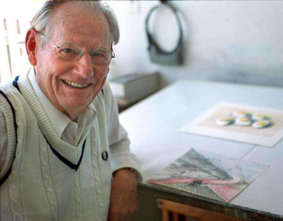 Artist Wayne Thiebaud takes a break from in his studio at his Sacramento home in May 2000, as preparations were underway for major retrospective of his work at the Palace of the Legion of Honor in San Francisco.