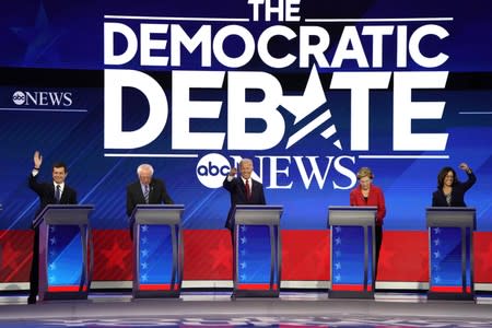 Candidates Buttigieg, Sanders, Biden, Warren and Harris participate in the 2020 Democratic U.S. presidential debate in Houston, Texas, U.S.