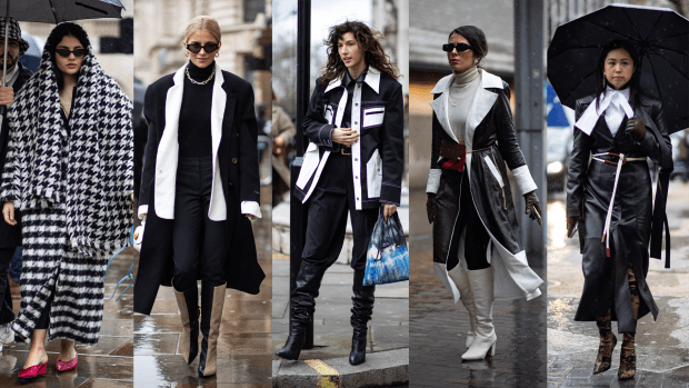 On the street at London Fashion Week Fall 2020.