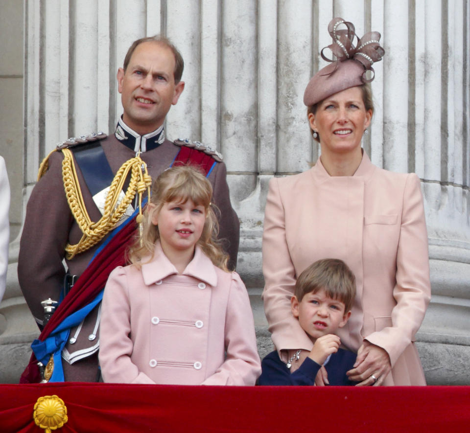 LONDON, UNITED KINGDOM - JUNE 15: (EMBARGOED FOR PUBLICATION IN UK NEWSPAPERS UNTIL 48 HOURS AFTER CREATE DATE AND TIME) Prince Edward, Earl of Wessex, Sophie, Countess of Wessex, Lady Louise Windsor and James, Viscount Severn stand on the balcony of Buckingham Palace during the annual Trooping the Colour Ceremony on June 15, 2013 in London, England. Today's ceremony which marks the Queen's official birthday will not be attended by Prince Philip the Duke of Edinburgh as he recuperates from abdominal surgery. This will also be The Duchess of Cambridge's last public engagement before her baby is due to be born next month. (Photo by Max Mumby/Indigo/Getty Images)