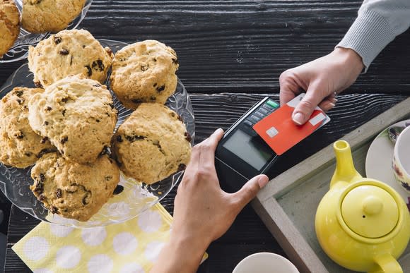 Person holds a contactless credit card over a card reader at table set with tea and pastries.