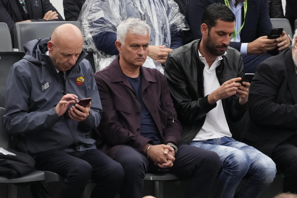 Roma's head coach Jose Mourinho watches the men's final tennis match between Daniil Medvedev of Russia and Denmark's Holger Rune at the Italian Open tennis tournament in Rome, Italy, Sunday, May 21, 2023. (AP Photo/Gregorio Borgia)