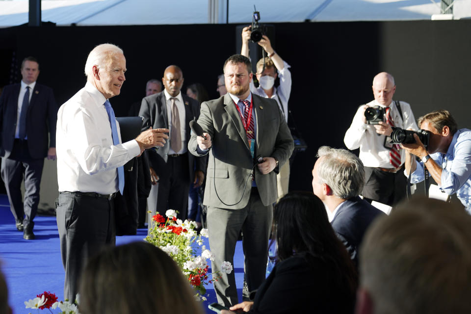 President Biden speaks to the reporters following a news conference after meeting with Russian President Vladimir Putin in Geneva, Switzerland, Wednesday. (AP Photo/Patrick Semansky)