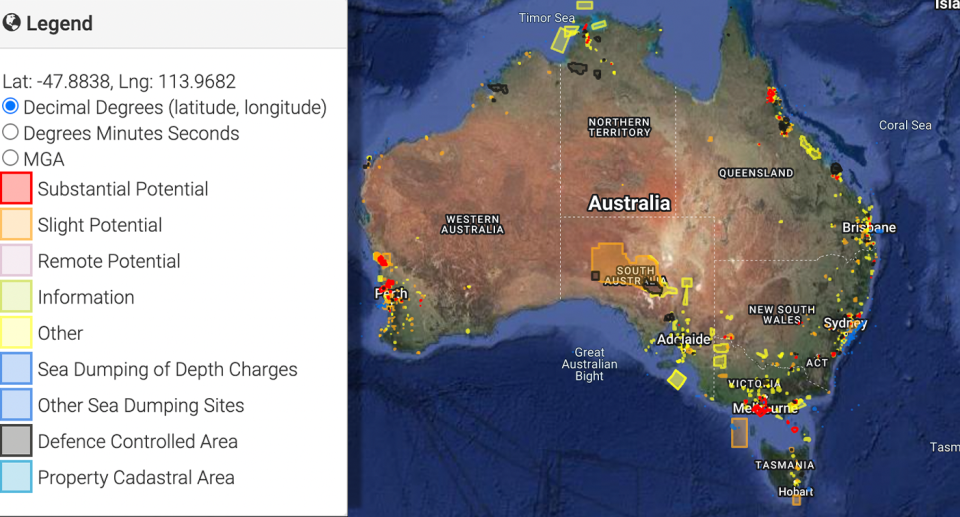 A map from Defence highlighting the sites where UXO devices potentially lie. There is a legend on the left.