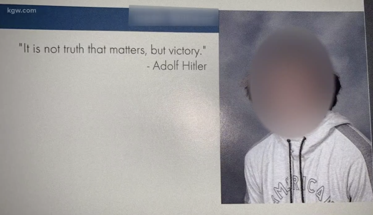 Yearbooks at Kelso High School in Vancouver, Washington were intercepted when officials learned that a quote, allegedly from Hitler, was printed on a student's page. (Screenshot: KGW)