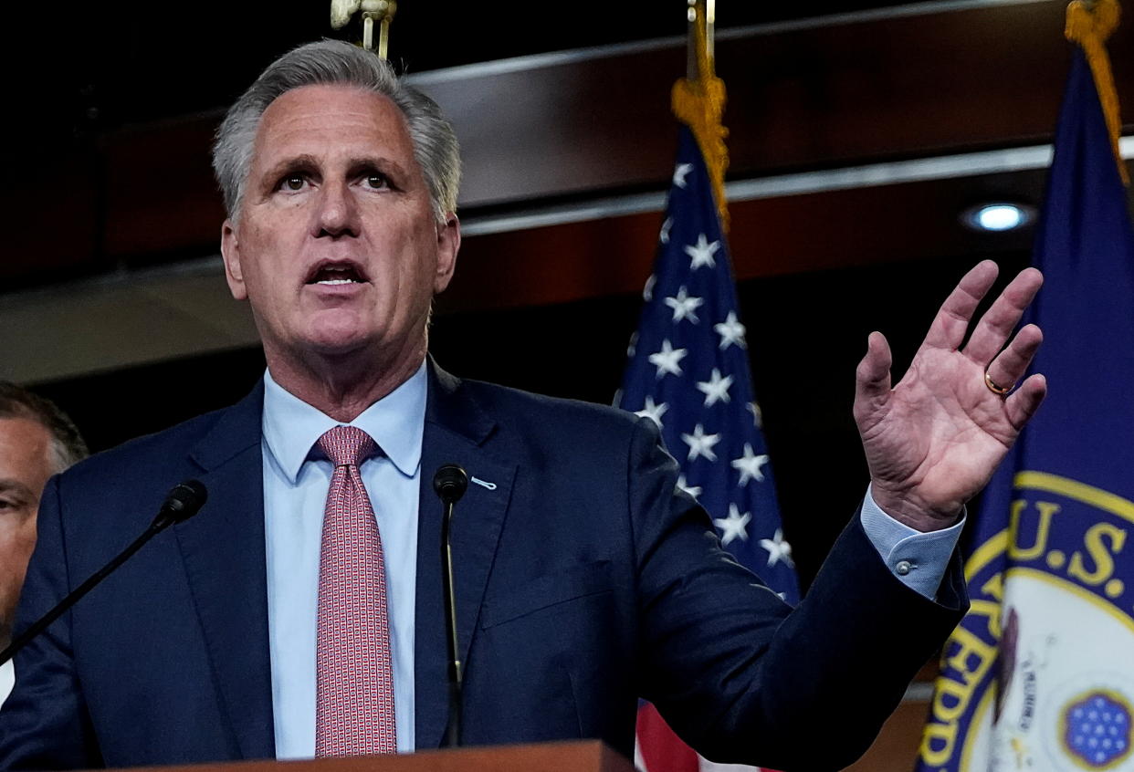 U.S. House Minority Leader Kevin McCarthy (R-CA) announces the withdrawal of his nominees to serve on the special committee probing the Jan. 6 attack on the Capitol, during a news conference on Capitol Hill in Washington, U.S., July 21, 2021. REUTERS/Elizabeth Frantz