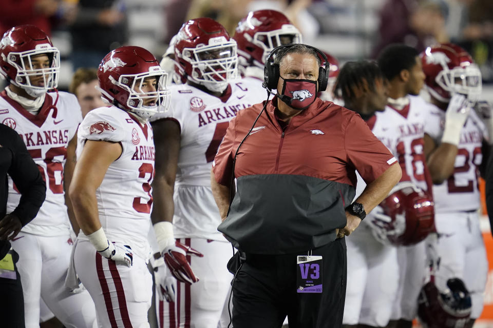 Arkansas head coach Sam Pittman looks on during a loss to Texas A&M in the 2020 season. (AP Photo/Sam Craft)