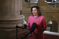 House Speaker Nancy Pelosi of Calif., speaks during an interview with The Associated Press on Capitol Hill in Washington, Wednesday, May 13, 2020. (AP Photo/Patrick Semansky)