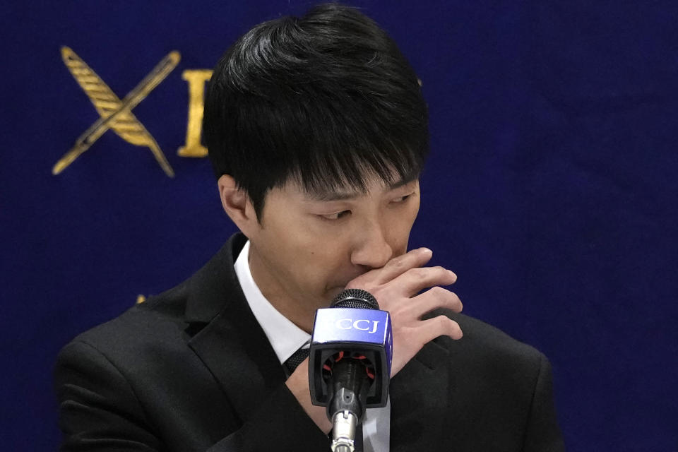 Taiwanese table tennis player Chiang Hung-chieh, former husband of Ai Fukuhara, Japanese table tennis star, reacts during a news conference at the Foreign Correspondents' Club of Japan (FCCJ) in Tokyo, Japan, Thursday, July 27, 2023. Japan’s once beloved table tennis star Ai Fukuhara is at the center of a child custody feud following the break-up of her marriage to a Taiwanese player who was also a star in the sport in his country. (AP Photo/Shuji Kajiyama)