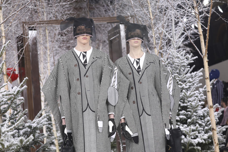 Models wear creations for the Thom Browne fashion collection during Women's fashion week Fall/Winter 2020/21 presented in Paris, Sunday, March 1, 2020. (Photo by Vianney Le Caer/Invision/AP)