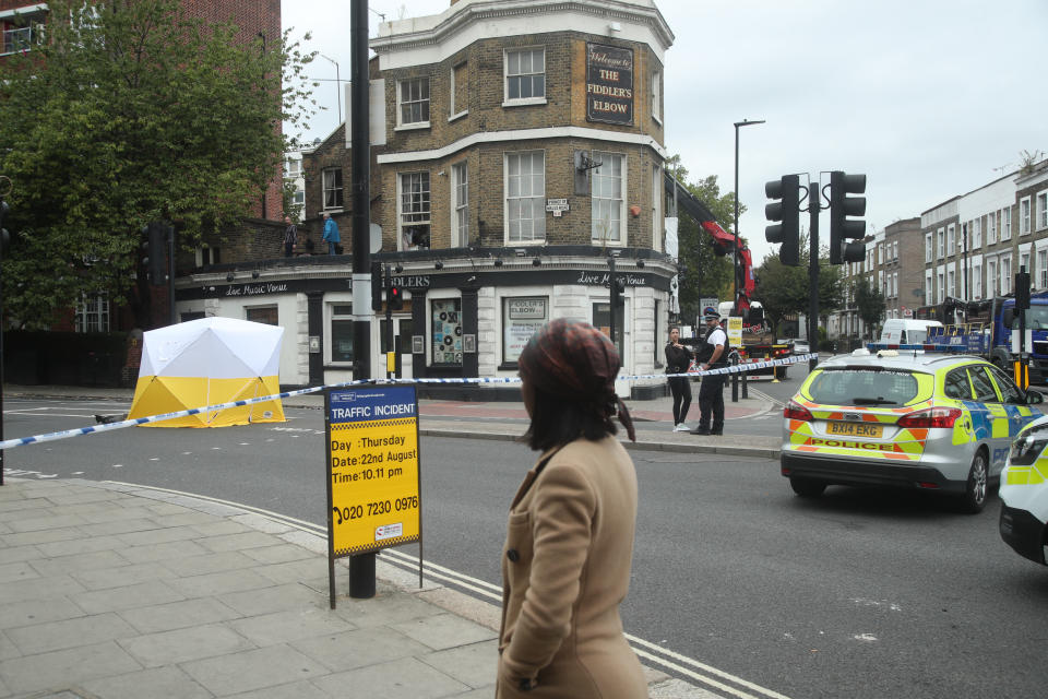 The scene on Malden Road, Kentish Town, north-west London, where a man was found with a gunshot wound after police, including armed officers, were called to a shooting late on Sunday night.