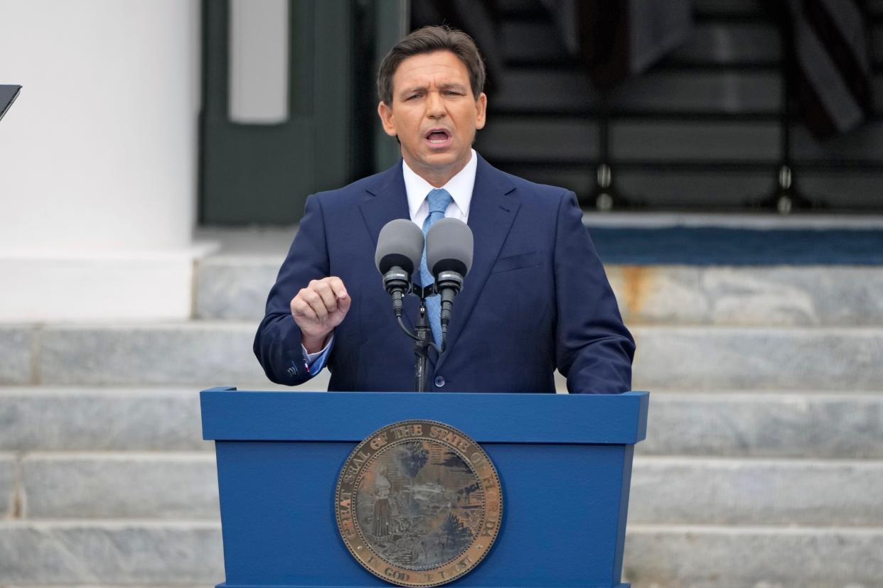 Florida Gov. Ron DeSantis speaks to the crowd after being sworn in to begin his second term during an inauguration ceremony outside the Old Capitol Tuesday, Jan. 3, 2023, in Tallahassee, Fla. (AP Photo/Lynne Sladky) ORG XMIT: FLCO109