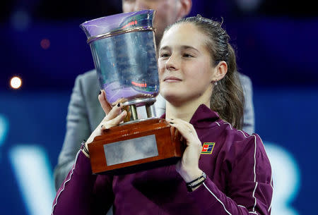 Tennis - Kremlin Cup - Women's singles - Final - Moscow, Russia - October 20, 2018 Daria Kasatkina of Russia holds her trophy after defeating Ons Jabeur of Tunisia. REUTERS/Sergei Karpukhin