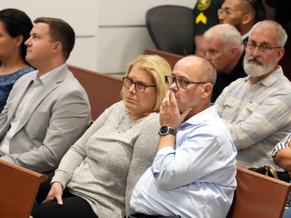 Fred and Jennifer Gutenberg, parents of Jaime Gutenberg, react during the penalty phase of Marjory Stoneman Douglas High School shooter's trial.