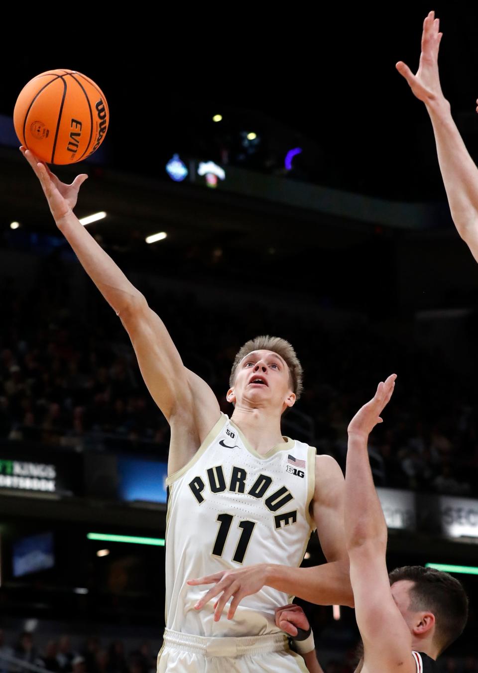 Purdue Boilermakers forward Brian Waddell (11) shoots the ball during the Indy Classic NCAA men’s basketball doubleheader against the Davidson Wildcats, Saturday, Dec. 17, 2022, at Gainbridge Fieldhouse in Indianapolis. Purdue won 69-61.