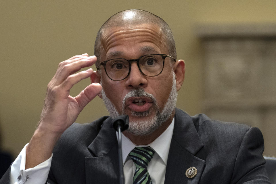 Rep. Anthony Brown, D-Md., testifies during a House Committee on Natural Resources, Subcommittee on National Parks, Forests, and Public Lands hearing on Capitol Hill in Washington, Tuesday, July 21, 2020, on H.R. 970 H.R. 4135 H.R. 7550, as they consider bills to remove Confederate statues. (AP Photo/Carolyn Kaster)