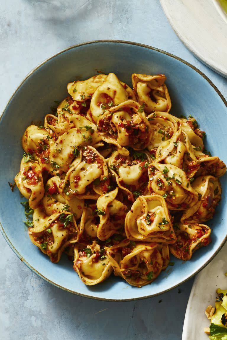 <p>You'll never go back to plain old pasta once you've had a cheesy side salad. Bonus: the Romesco sauce can also be tossed with potatoes, used as a dip or a killer sandwich spread. </p><p>Get the <a href="https://www.goodhousekeeping.com/food-recipes/a27529135/chilled-tortellini-romesco-recipe/" rel="nofollow noopener" target="_blank" data-ylk="slk:Chilled Tortellini Romesco recipe;elm:context_link;itc:0;sec:content-canvas" class="link "><strong>Chilled Tortellini Romesco recipe</strong></a>.</p>