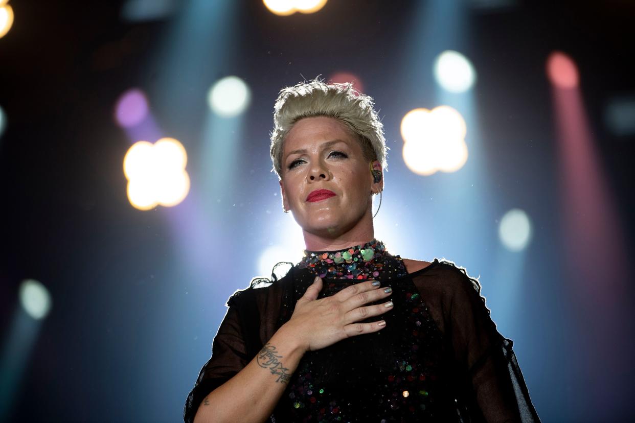 US singer Pink performs during Rock in Rio festival at the Olympic Park in Rio de Janeiro, Brazil, on October 5, 2019. - The week-long Rock in Rio festival started September 27, with international stars as headliners, over 700,000 spectators and social actions including the preservation of the Amazon. (Photo by MAURO PIMENTEL / AFP) (Photo by MAURO PIMENTEL/AFP via Getty Images)