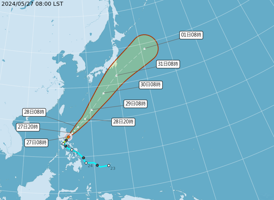 艾維尼升級中颱，以每小時14公里速度向東北進行。（氣象署提供）