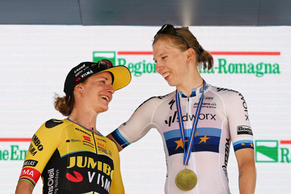 MODENA ITALY  JULY 02 LR Marianne Vos of The Netherlands and Team JumboVisma on second place and stage winner Lorena Wiebes of The Netherlands and Team SD Worx pose on the podium ceremony after the 34th Giro dItalia Donne 2023 Stage 3 a 1182km stage from Formigine to Modena  UCIWWT  on July 02 2023 in Modena Italy Photo by Dario BelingheriGetty Images