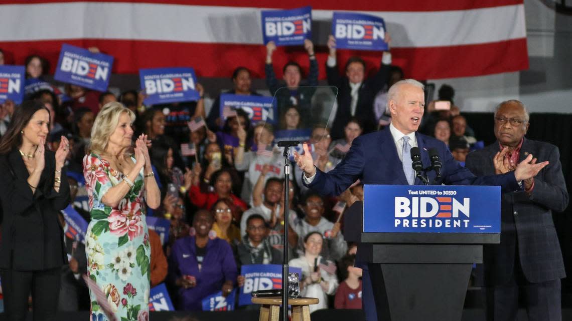 Joe Biden, on stage with Jim Clyburn and his daughter, Ashley Biden, and his wife, Jill Biden, thanks South Carolinians for after support at the University of South Carolina volleyball center. Biden won the South Carolina in the State Primary. 2/29/20