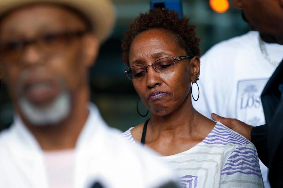 Jacqualyne Johnson, mother of Anthony Johnson Jr., takes a moment after speaking during a press conference outside of the Tim Curry Criminal Justice Center on Tuesday in Fort Worth. Anthony Johnson Jr.’s death in the Tarrant County Jail was ruled a homicide by asphyxiation.