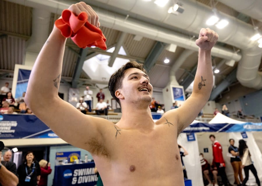 MINNEAPOLIS, MN – MARCH 23: Lyle Yost of Ohio State celebrates after winning the 1 meter diving during the Division I Mens Swimming and Diving Championships held at the Jean K. Freeman Aquatic Center on March 23, 2023 in Minneapolis, Minnesota. (Photo by Carlos Gonzalez/NCAA Photos via Getty Images)