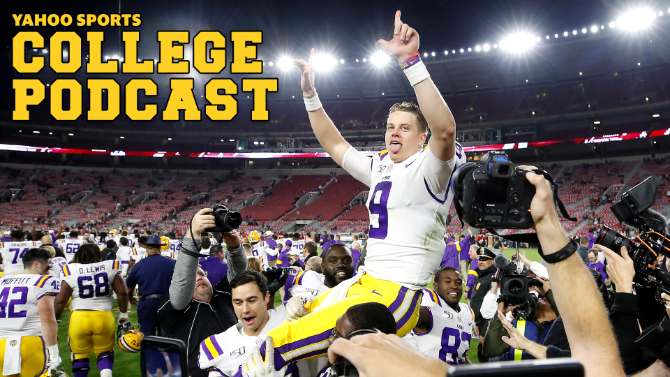 TUSCALOOSA, ALABAMA - NOVEMBER 09: Joe Burrow #9 of the LSU Tigers celebrates as he is carried by teammates after defeating the Alabama Crimson Tide 46-41 at Bryant-Denny Stadium on November 09, 2019 in Tuscaloosa, Alabama. (Photo by Todd Kirkland/Getty Images)