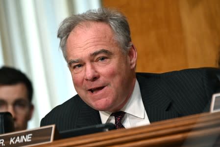 Senator Tim Kaine (D-VA) questions U.S. Secretary of State Mike Pompeo during a Senate foreign Relations Committee hearing on the State Department budget request in Washington