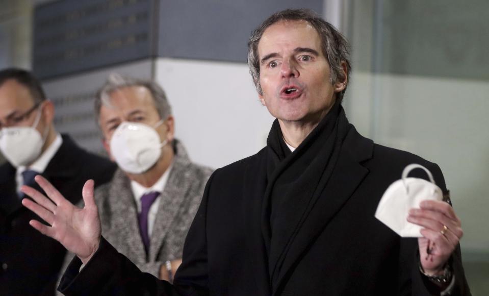 Director General of International Atomic Energy Agency, IAEA, Rafael Mariano Grossi from Argentina, speaks to the media after returning from Iran at the Vienna International Airport, Sunday, Feb. 21, 2021. (AP Photo/Ronald Zak)