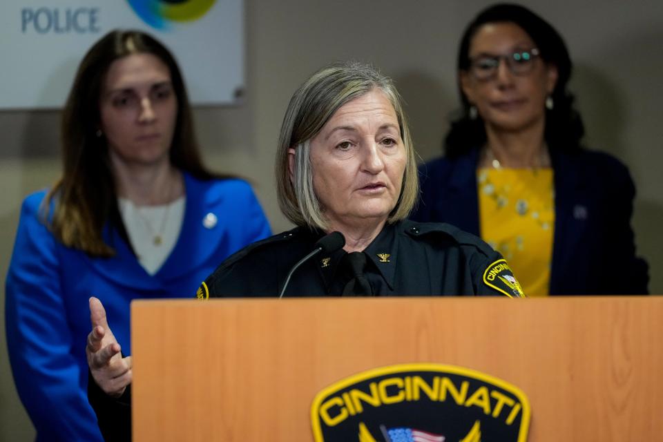 Cincinnati Police Chief Teresa Theetge gives a presentation during a press conference to discuss the city’s gun violence prevention efforts at the police CIS Headquarters in the Queensgate neighborhood of Cincinnati on Thursday, June 8, 2023.