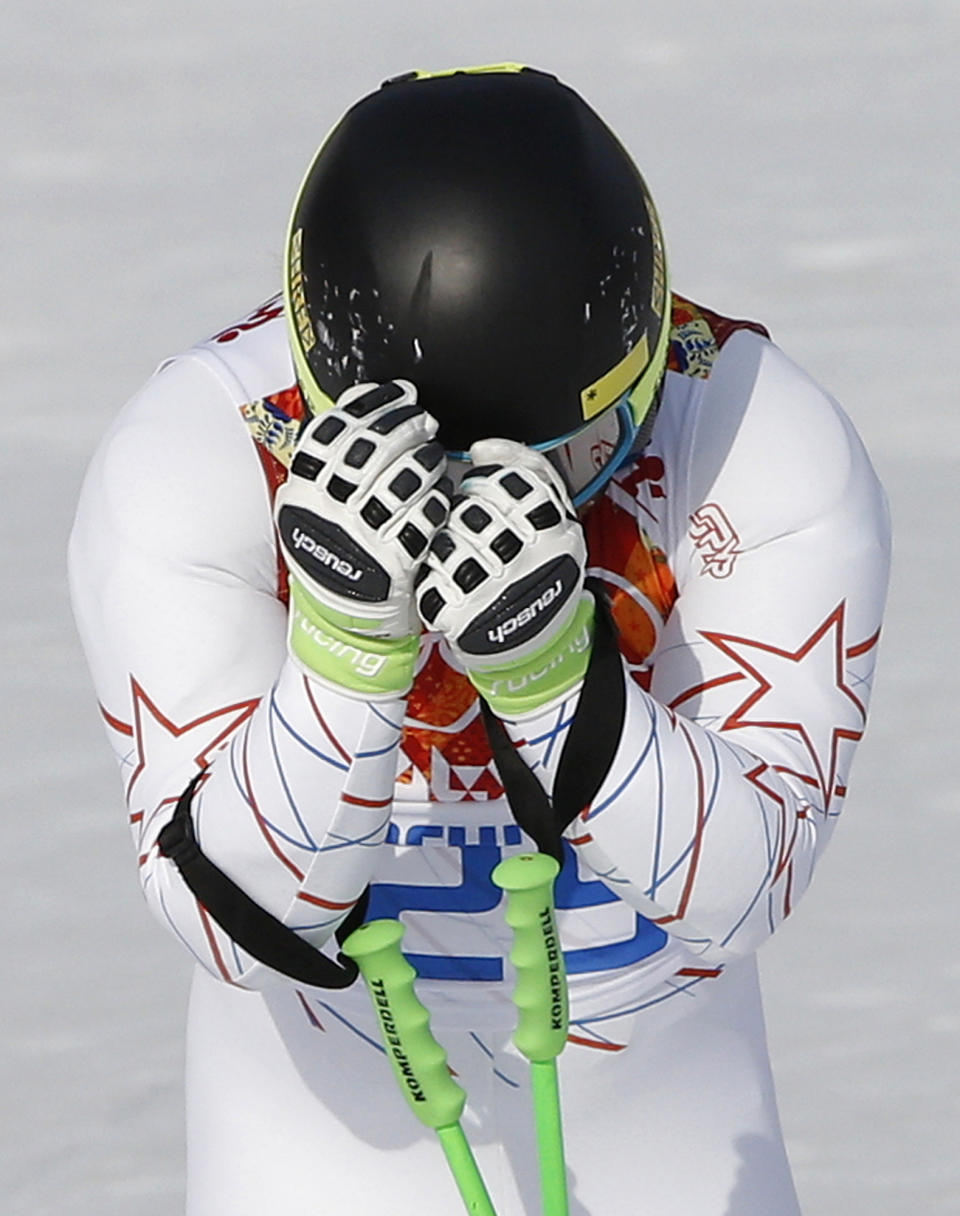 United States' Andrew Weibrecht reacts at the end of his run in the men's super-G at the Sochi 2014 Winter Olympics, Sunday, Feb. 16, 2014, in Krasnaya Polyana, Russia.(AP Photo/Christophe Ena)