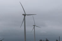 Land-based wind turbines spin in Atlantic City, N.J., on Wednesday, Sept. 18, 2024. (AP Photo/Wayne Parry)