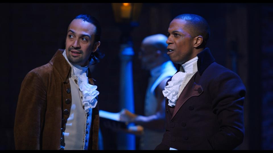 Lin-Manuel Miranda, left, and Leslie Odom Jr. in "Hamilton" on the streaming service Disney+.