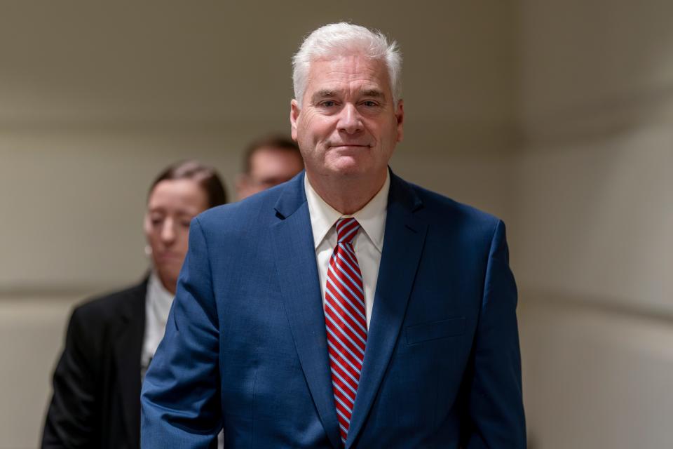 House Majority Whip Tom Emmer, R-Minn., heads to a closed-door Republican strategy session led by Speaker of the House Kevin McCarthy, R-Calif., on funding the government and averting a shutdown, at the Capitol in Washington, Sept. 27, 2023.